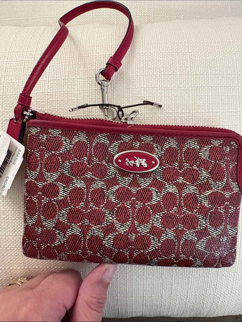Coach Red Signature Jacquard Wristlet with Leather Trim